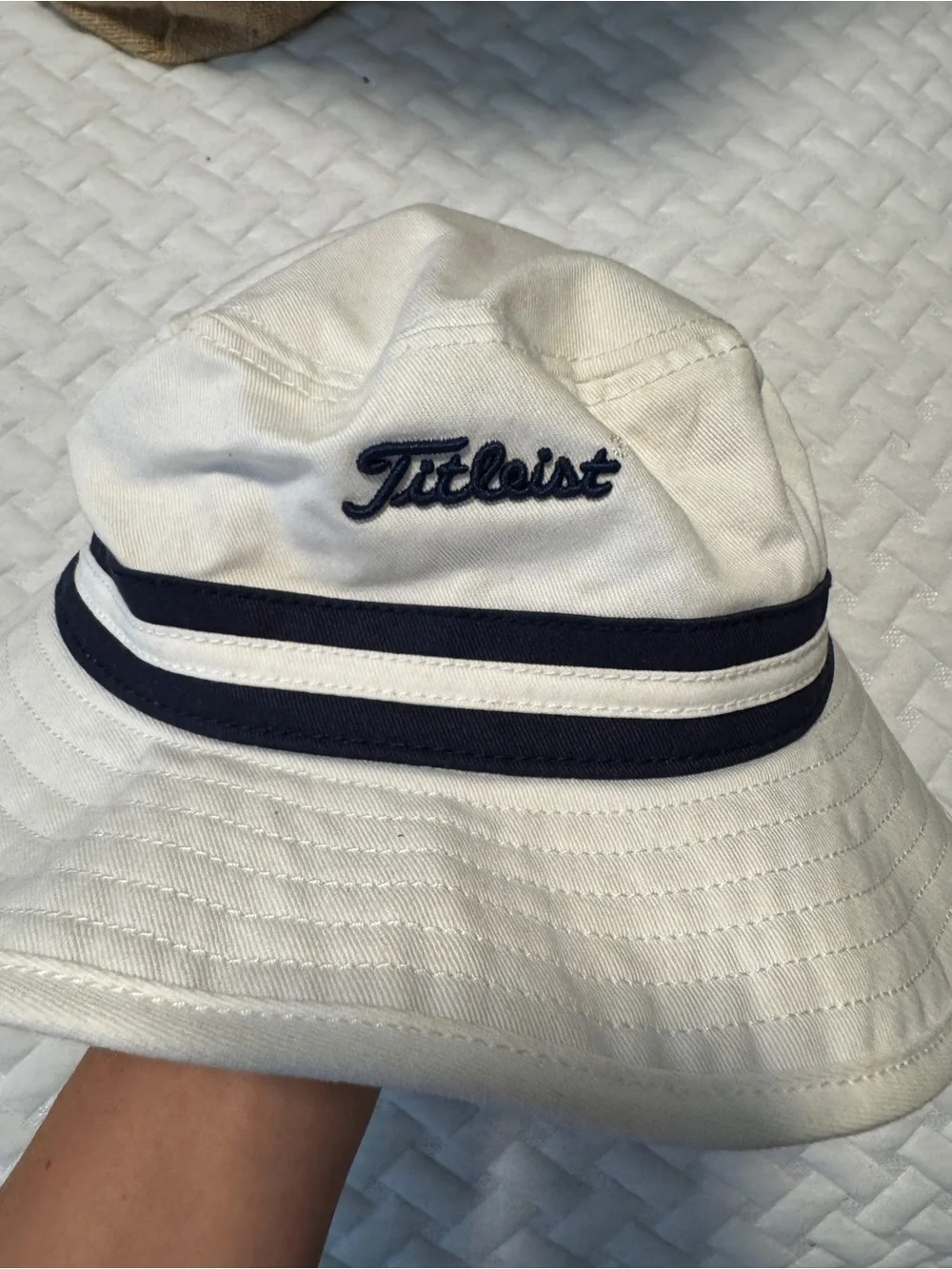 Titleist White Bucket Hat with Navy Stripe Band